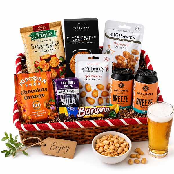 Gourmet lager and nibbles gift hamper